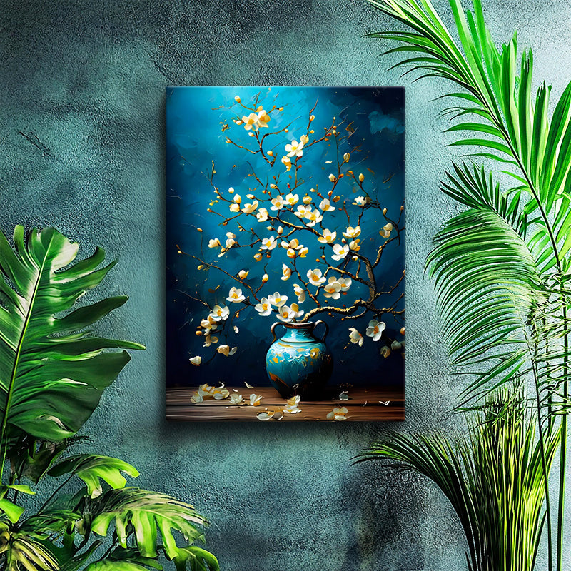 Dikey Kanvas Tablo Antik Vazoda Bahar Dalları Çiçek Tablosu Ev Ofis Duvar Dekoru