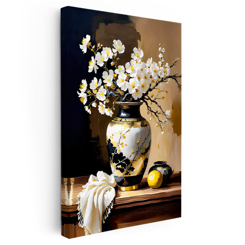 Dikey Kanvas Tablo Motifli Vazoda Bahar Çiçeği Çiçek Tablosu Ev Ofis Duvar Dekoru