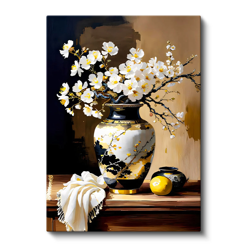 Dikey Kanvas Tablo Motifli Vazoda Bahar Çiçeği Çiçek Tablosu Ev Ofis Duvar Dekoru