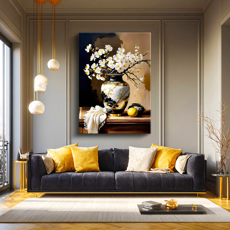 Dikey Kanvas Tablo Motifli Vazoda Bahar Çiçeği Çiçek Tablosu Ev Ofis Duvar Dekoru