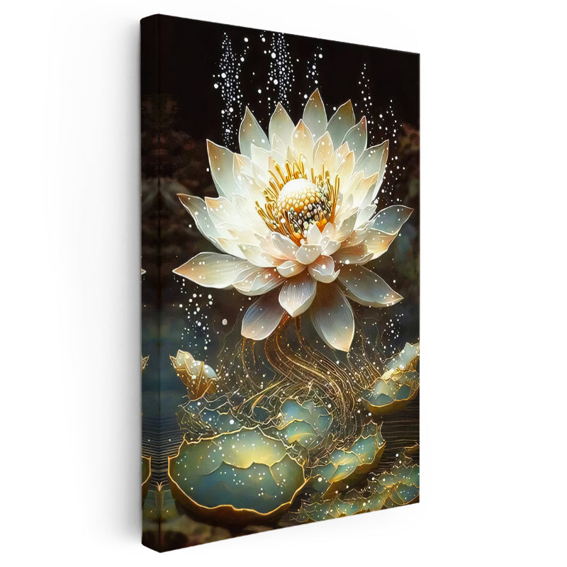 Dikey Kanvas Tablo Parıltı Görünümlü Nilüfer Çiçeği Çiçek Tablosu Ev Ofis Duvar Dekoru