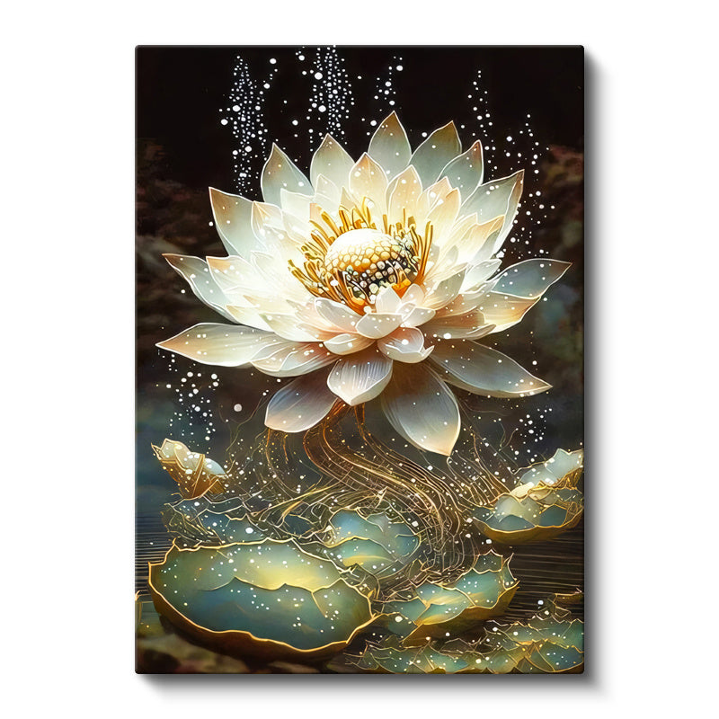 Dikey Kanvas Tablo Parıltı Görünümlü Nilüfer Çiçeği Çiçek Tablosu Ev Ofis Duvar Dekoru