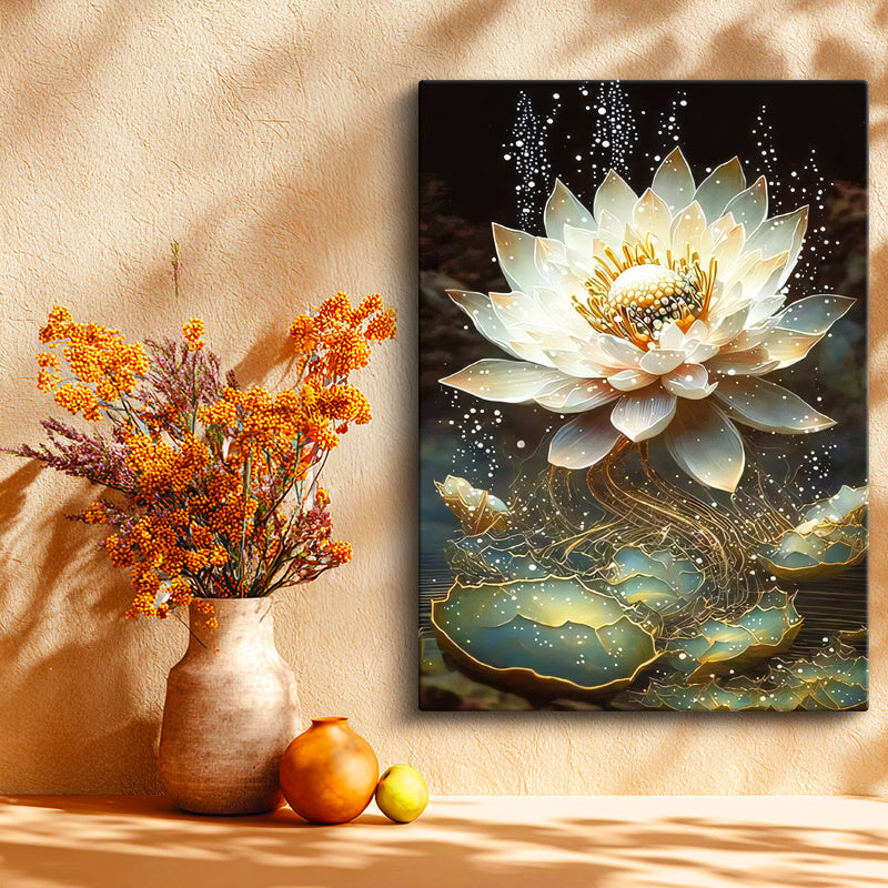 Dikey Kanvas Tablo Parıltı Görünümlü Nilüfer Çiçeği Çiçek Tablosu Ev Ofis Duvar Dekoru
