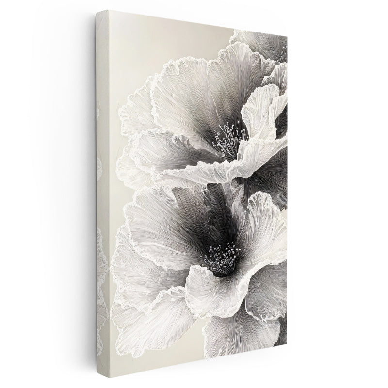 Dikey Kanvas Tablo İnce Hatlı Zarif Yapraklar Çiçek Tablosu Ev Ofis Duvar Dekoru