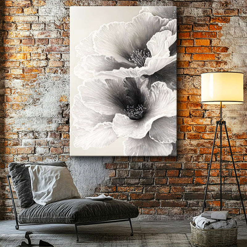 Dikey Kanvas Tablo İnce Hatlı Zarif Yapraklar Çiçek Tablosu Ev Ofis Duvar Dekoru