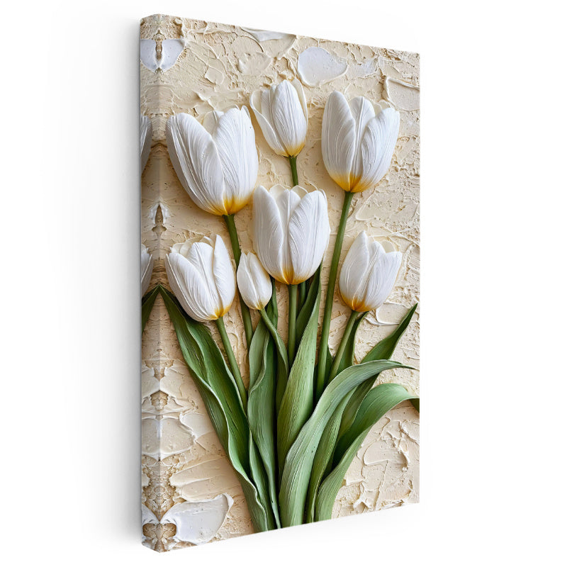 Dikey Kanvas Tablo Kabartma Görünümlü Laleler Çiçek Tablosu Ev Ofis Duvar Dekoru