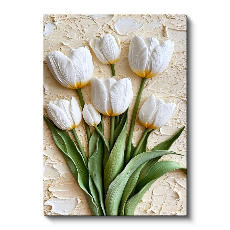 Dikey Kanvas Tablo Kabartma Görünümlü Laleler Çiçek Tablosu Ev Ofis Duvar Dekoru