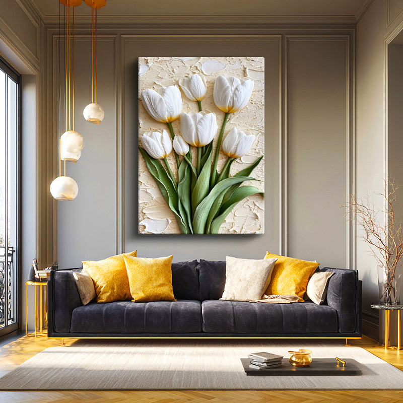 Dikey Kanvas Tablo Kabartma Görünümlü Laleler Çiçek Tablosu Ev Ofis Duvar Dekoru