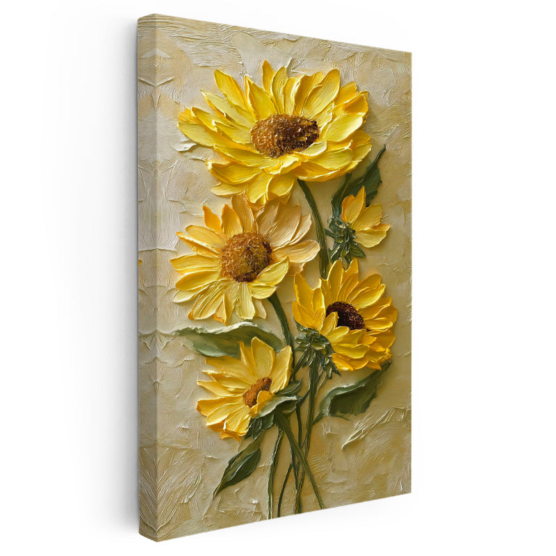 Dikey Kanvas Tablo Kabartma Görünümlü Ayçiçekleri Çiçek Tablosu Ev Ofis Duvar Dekoru