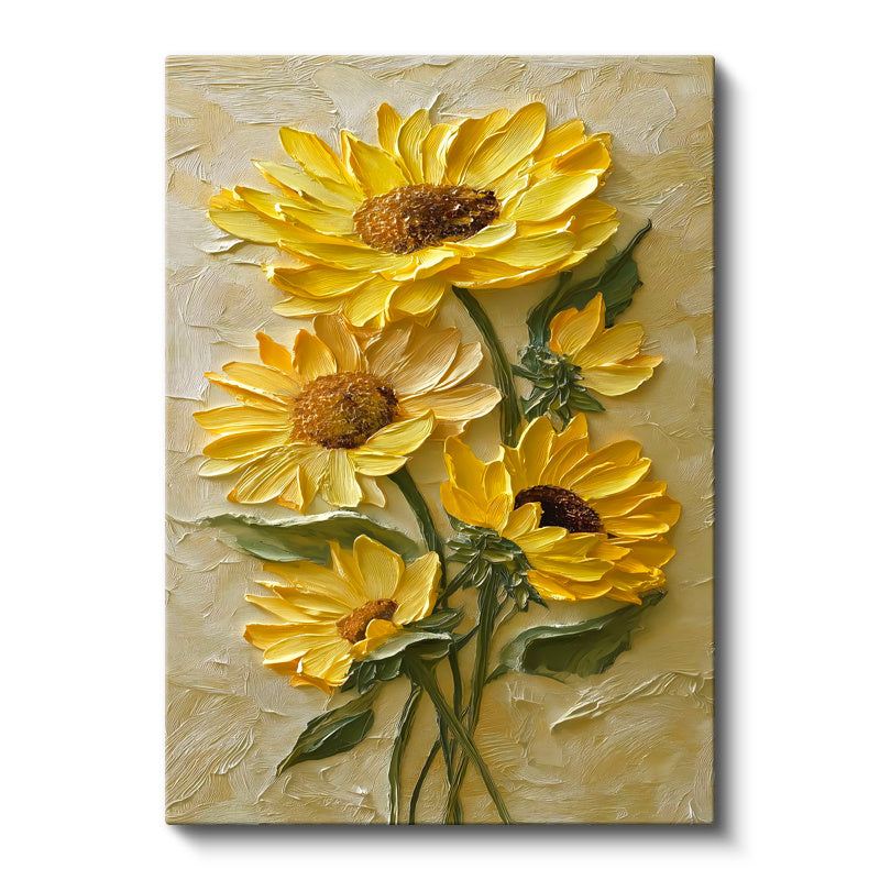 Dikey Kanvas Tablo Kabartma Görünümlü Ayçiçekleri Çiçek Tablosu Ev Ofis Duvar Dekoru