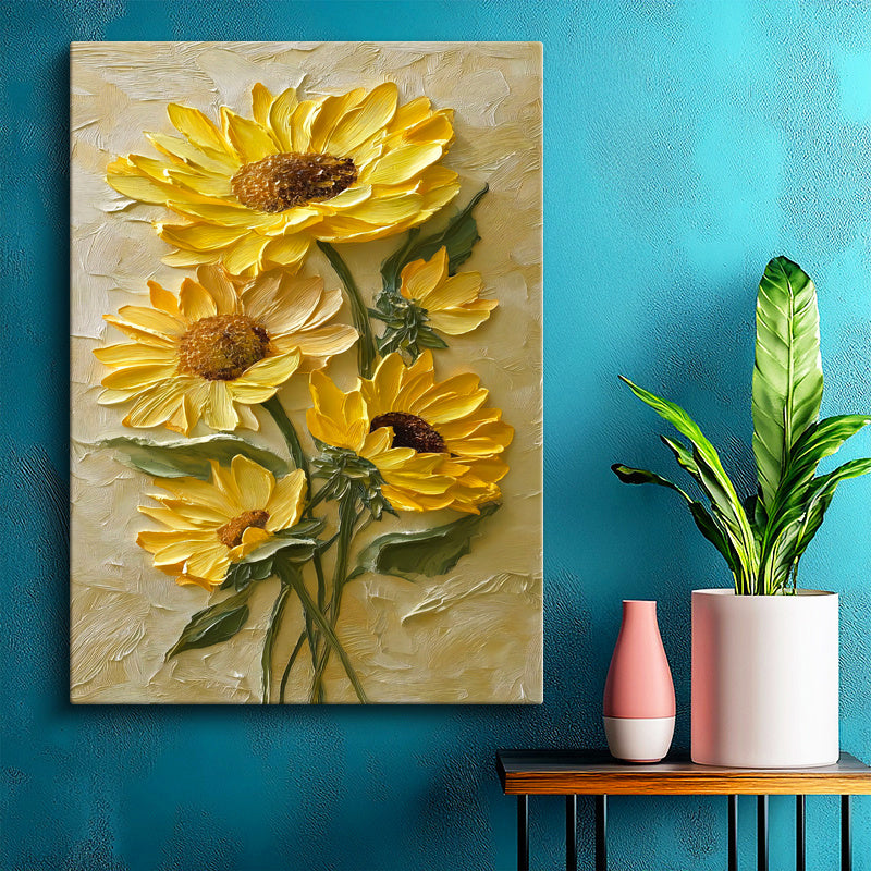 Dikey Kanvas Tablo Kabartma Görünümlü Ayçiçekleri Çiçek Tablosu Ev Ofis Duvar Dekoru