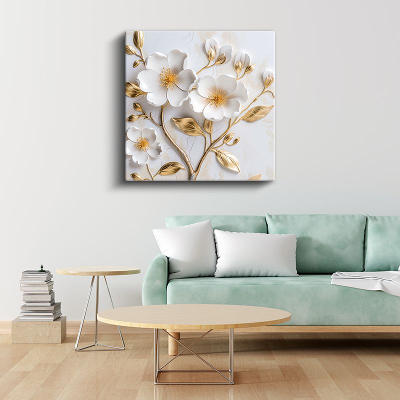 Altın Yapraklı Beyaz Çiçekler - 3D Kabartma Görünümlü Zarif Tasarım Kanvas Tablo