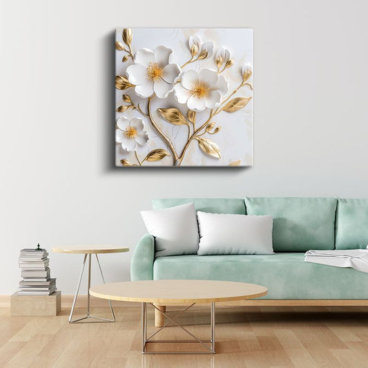 Altın Yapraklı Beyaz Çiçekler - 3D Kabartma Görünümlü Zarif Tasarım Kanvas Tablo