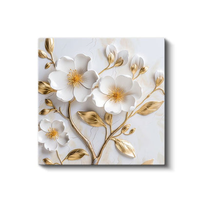 Altın Yapraklı Beyaz Çiçekler - 3D Kabartma Görünümlü Zarif Tasarım Kanvas Tablo