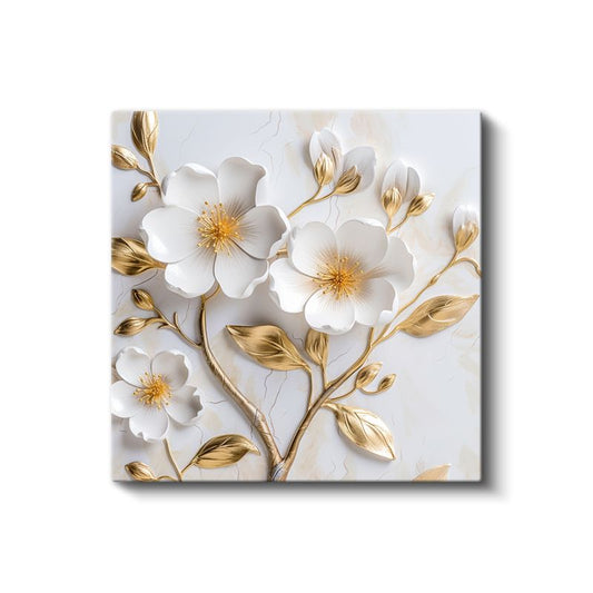 Altın Yapraklı Beyaz Çiçekler - 3D Kabartma Görünümlü Zarif Tasarım Kanvas Tablo