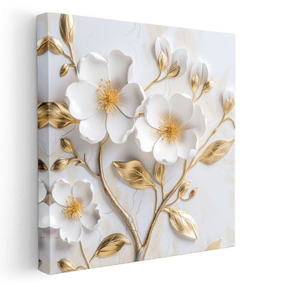 Altın Yapraklı Beyaz Çiçekler - 3D Kabartma Görünümlü Zarif Tasarım Kanvas Tablo