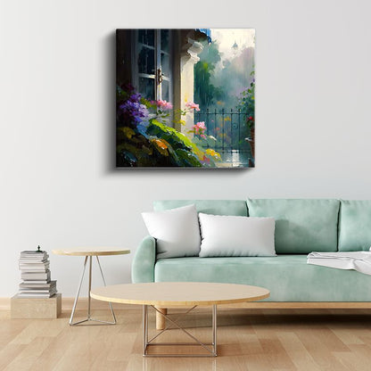 Yağmurlu Bahçe - Pencere Önünde Romantik Çiçek Kompozisyonu Kanvas Tablo