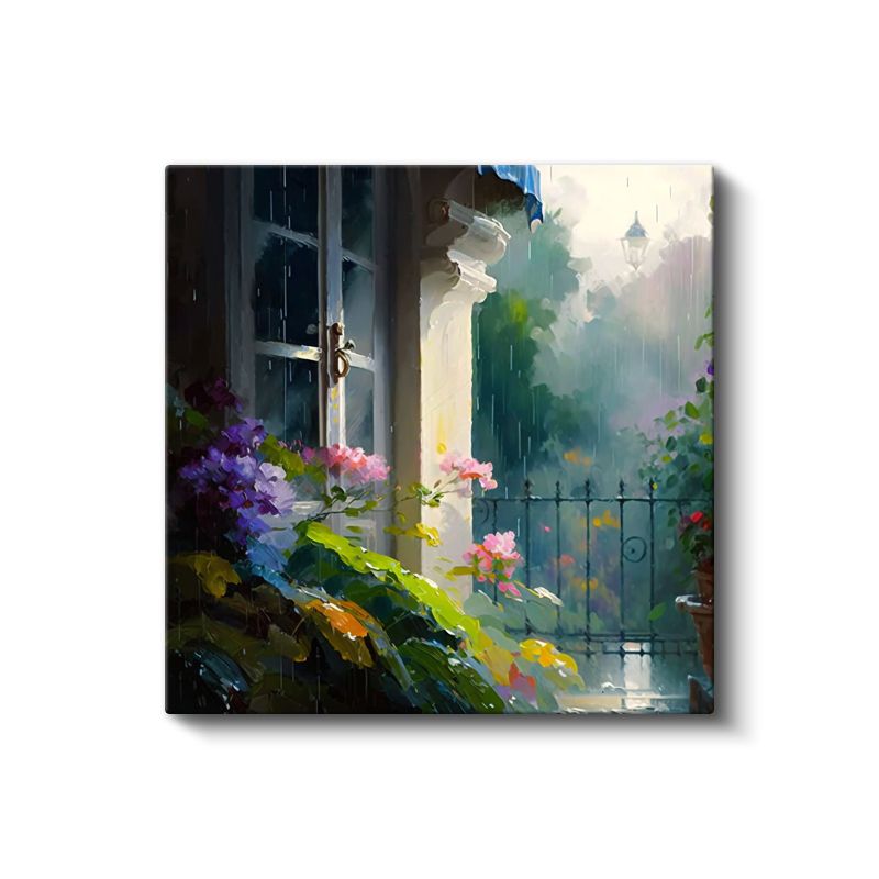 Yağmurlu Bahçe - Pencere Önünde Romantik Çiçek Kompozisyonu Kanvas Tablo