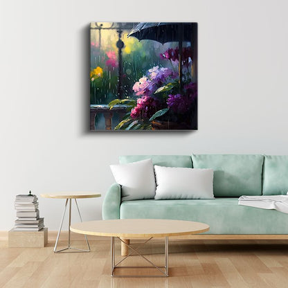 Yağmur Altında Ortancalar - Şemsiye Korumasında Mor Çiçekler Kanvas Tablo