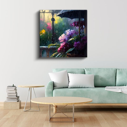 Yağmur Altında Ortancalar - Şemsiye Korumasında Mor Çiçekler Kanvas Tablo