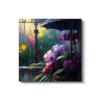 Yağmur Altında Ortancalar - Şemsiye Korumasında Mor Çiçekler Kanvas Tablo