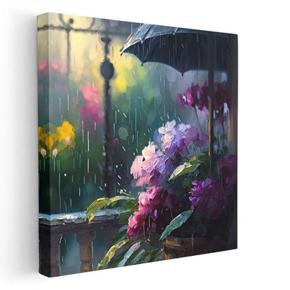 Yağmur Altında Ortancalar - Şemsiye Korumasında Mor Çiçekler Kanvas Tablo