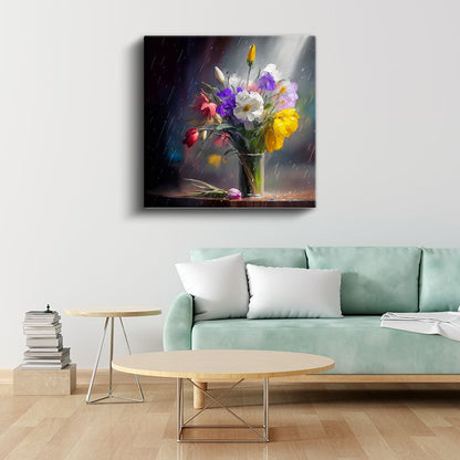 Yağmurlu Natürmort - Cam Vazoda Renkli Çiçek Buketi Kanvas Tablo