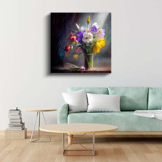 Yağmurlu Natürmort - Cam Vazoda Renkli Çiçek Buketi Kanvas Tablo
