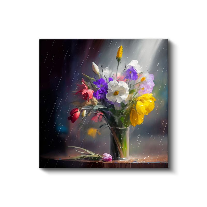 Yağmurlu Natürmort - Cam Vazoda Renkli Çiçek Buketi Kanvas Tablo