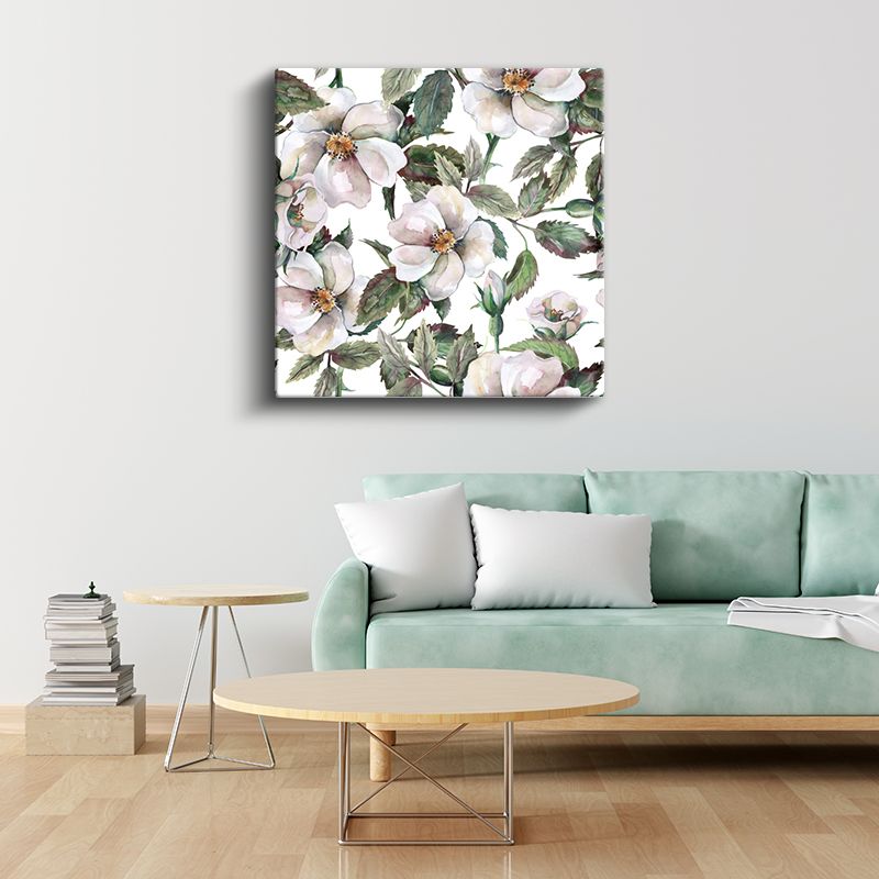 Beyaz Yaban Gülleri - Zarif Botanik Desen Kanvas Tablo