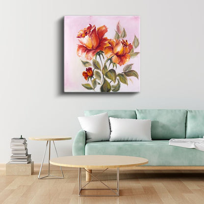 Turuncu Güller - Pembe Fonda Sıcak Tonlu Çiçek Portresi Kanvas Tablo