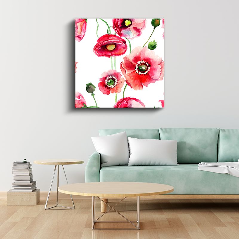 Kırmızı Gelincikler - Beyaz Fonda Canlı Gelincik Deseni Kanvas Tablo