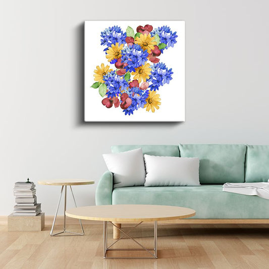 Kır Çiçekleri Buketi - Mavi Sarı Kırmızı Çiçek Aranjmanı Kanvas Tablo