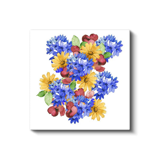 Kır Çiçekleri Buketi - Mavi Sarı Kırmızı Çiçek Aranjmanı Kanvas Tablo