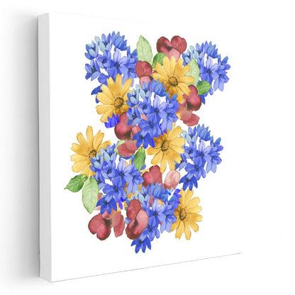 Kır Çiçekleri Buketi - Mavi Sarı Kırmızı Çiçek Aranjmanı Kanvas Tablo