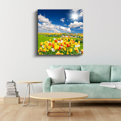 Lale Bahçesi - Mavi Gökyüzü Altında Renkli Çiçek Tarlası Kanvas Tablo