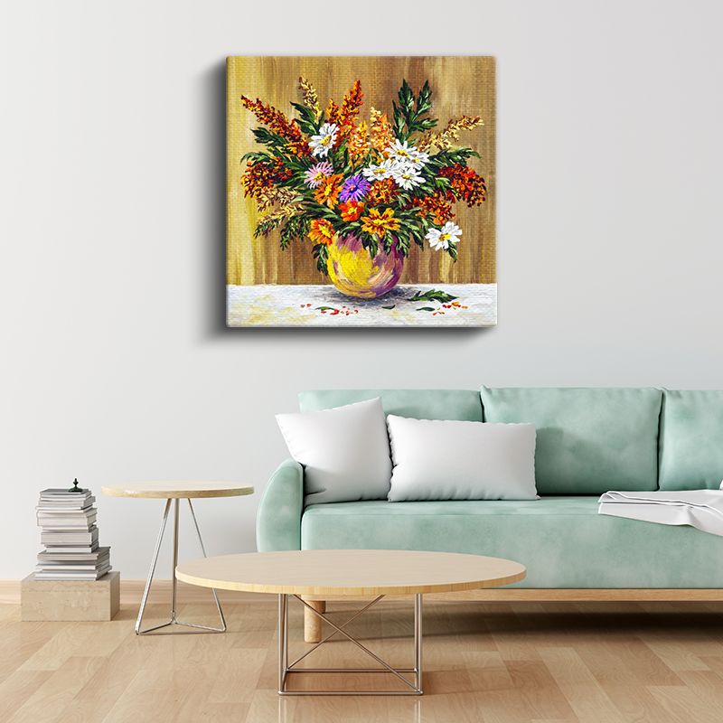 Kır Çiçekleri Natürmortu - Sarı Vazoda Renkli Buket Kanvas Tablo