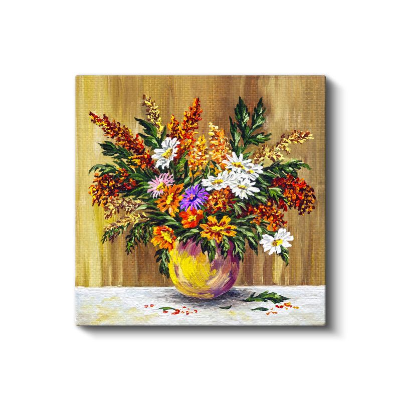 Kır Çiçekleri Natürmortu - Sarı Vazoda Renkli Buket Kanvas Tablo