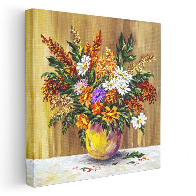 Kır Çiçekleri Natürmortu - Sarı Vazoda Renkli Buket Kanvas Tablo