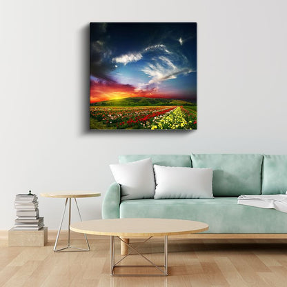 Çiçek Tarlası Manzarası - Gün Batımında Renkli Çiçekler Kanvas Tablo