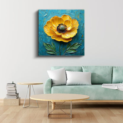 Altın Gelincik - Mavi Fonda İmpasto Tekniği Çiçek Kanvas Tablo