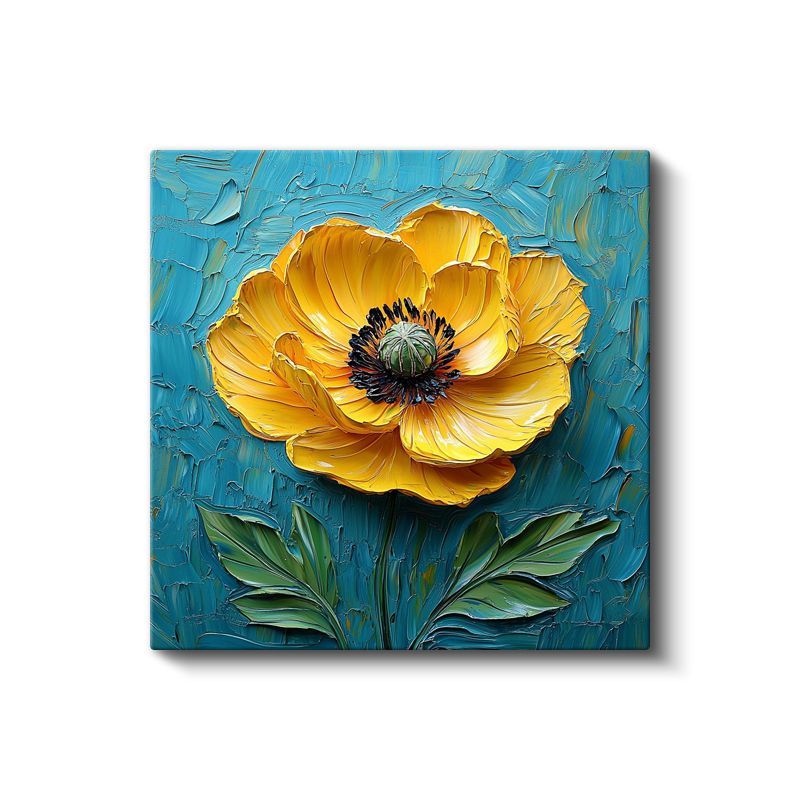 Altın Gelincik - Mavi Fonda İmpasto Tekniği Çiçek Kanvas Tablo