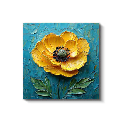 Altın Gelincik - Mavi Fonda İmpasto Tekniği Çiçek Kanvas Tablo