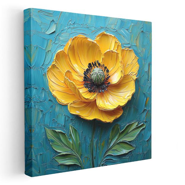 Altın Gelincik - Mavi Fonda İmpasto Tekniği Çiçek Kanvas Tablo