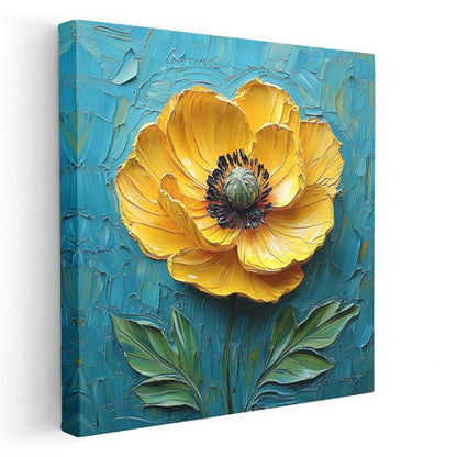 Altın Gelincik - Mavi Fonda İmpasto Tekniği Çiçek Kanvas Tablo