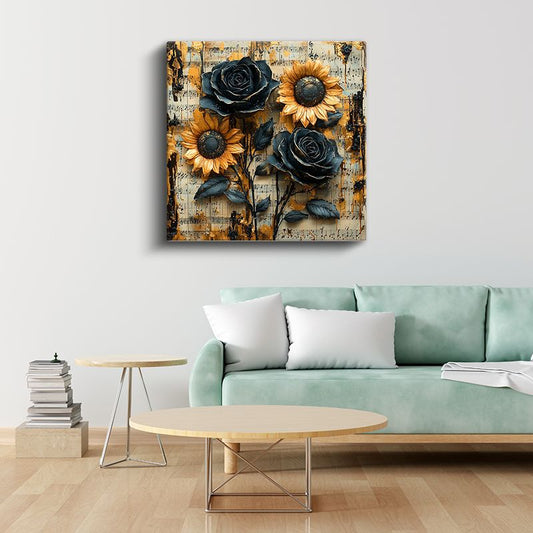 Müzikal Çiçekler - Nota Kağıdı Üzerinde Ayçiçeği ve Güller Kanvas Tablo