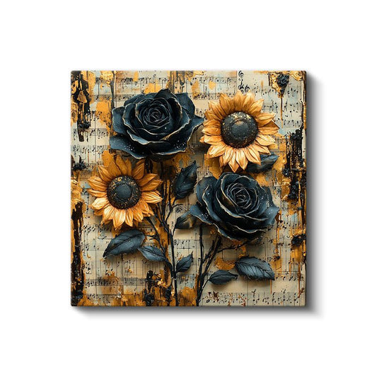 Müzikal Çiçekler - Nota Kağıdı Üzerinde Ayçiçeği ve Güller Kanvas Tablo