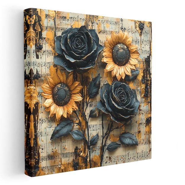 Müzikal Çiçekler - Nota Kağıdı Üzerinde Ayçiçeği ve Güller Kanvas Tablo