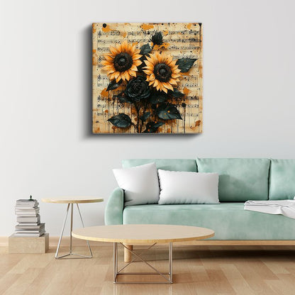 Müzik ve Çiçekler - Vintage Nota Kağıdı Üzerinde Ayçiçekleri Kanvas Tablo