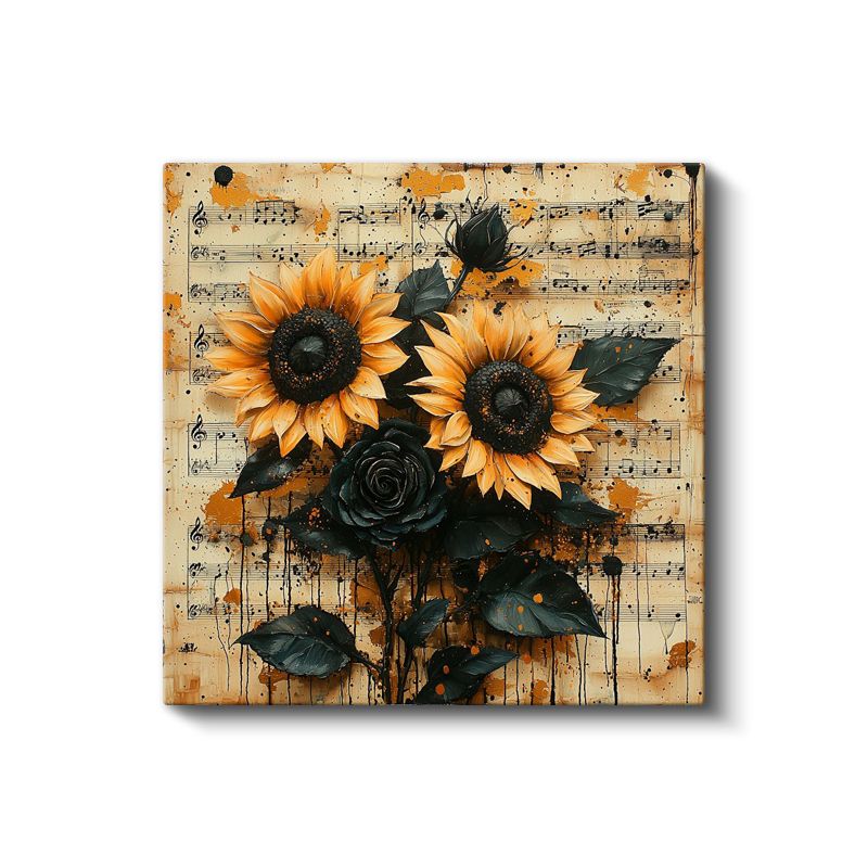 Müzik ve Çiçekler - Vintage Nota Kağıdı Üzerinde Ayçiçekleri Kanvas Tablo